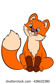 Coloring pages. Wild animals. Little cute baby fox looks at the fly in his nose and smiles.