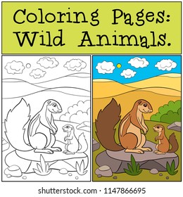 Coloring Pages: Wild Animals. Mother xerus with her little cute baby.