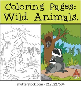 Páginas de coloreado: Animales salvajes. Madre insignia duerme con su pequeño bebe lindo cerca del árbol en el bosque.