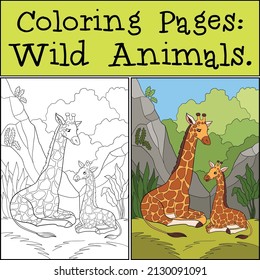 Coloring Pages: Wild Animals. Mother giraffe lays with her little cute spotted baby giraffe. They smile.