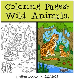 Coloring Pages: Wild Animals. Mother jaguar with her little cute cub in the forest.