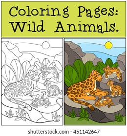 Coloring Pages: Wild Animals. Mother jaguar with her little cute cubs on the stones.