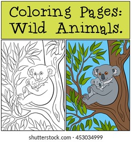 Coloring Pages: Wild Animals. Mother koala sits on the tree branch with her little cute baby and smiles.