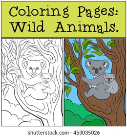 Coloring Pages: Wild Animals. Mother koala sits on the tree branch with her little cute baby and smiles.