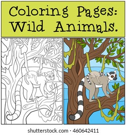 Coloring Pages: Wild Animals. Mother lemur stands on the tree branch with her little cute baby and smiles.