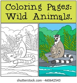 Coloring Pages: Wild Animals. Mother lemur sits on the stone near the sea with her little cute baby and smiles.