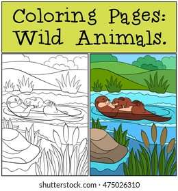 Coloring Pages: Wild Animals. Mother otter swims with her little cute baby and smiles.