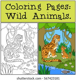 Coloring Pages: Wild Animals. Mother jaguar with her little cute cub in the forest.