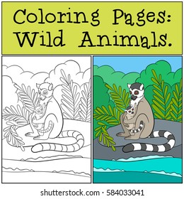 Coloring Pages: Wild Animals. Mother lemur sits on the stone near the sea with her little cute baby and smiles.