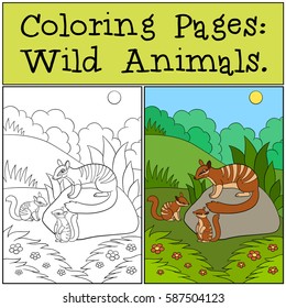 Coloring Pages: Wild Animals. Mother numbat with her little cute babies.