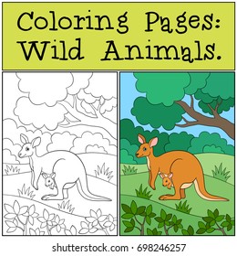 Coloring Pages: Wild Animals. Mother kangaroo with her baby.