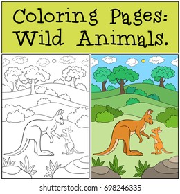 Coloring Pages: Wild Animals. Mother kangaroo with her baby.