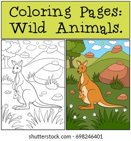 Coloring Pages: Wild Animals. Mother kangaroo with her baby.