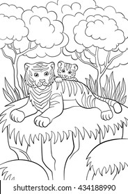 Coloring pages. Wild animals. Smiling mother tiger with her little cute baby tiger in the forest.