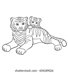 Coloring pages. Wild animals. Smiling mother tiger with her little cute baby tiger.