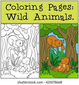 Coloring Pages: Wild Animals. Two little cute baby bears in the forest.