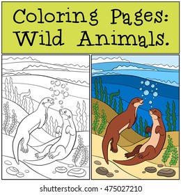 Coloring Pages: Wild Animals. Two little cute otters swim and smile in the river.