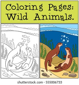 Coloring Pages: Wild Animals. Two little cute otters swim and smile in the river.