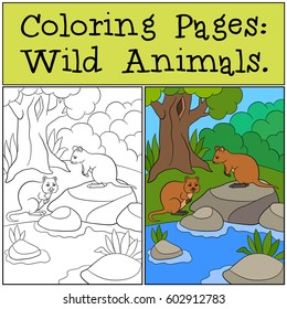 Coloring Pages: Wild Animals. Two little quokkas stand in the forest and smile.