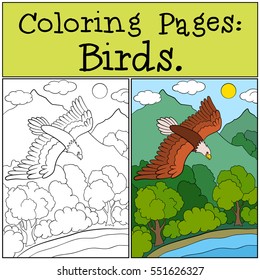 Coloring Pages: Wild Birds. Cute Bold Eagle Flying And Smiling.