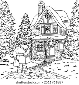 Coloring pages with winter landscape, coloring book