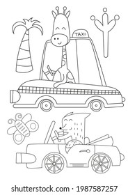 Coloring pages of zoo animals children's activities. Animal driver giraffe and fox  in funny cars vector illustration