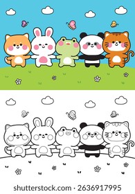 Coloring pages.Cute animals hold hands on the flower garden cloud and sky have butterfly background.Shiba inu dog,rabbit,frog,panda bear,cat hand drawn.Painting book.Kawaii.Vector.Illustration.