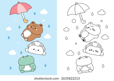 Coloring pages.Cute animals with umbrella stay on cloud sky rainy background.Teddy bear,rabbit bunny,frog hand drawn.Animal character cartoon design.Painting book.Kawaii.Vector.Illustration.
