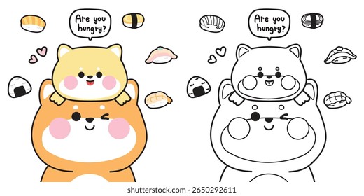 Coloring pages.Cute baby shiba inu dog stay on mom head.Sushi and onigiri is japanese food.Rice ball.Mother day.Japanese pet animal character cartoon design.Painting book.Kawaii.Vector.