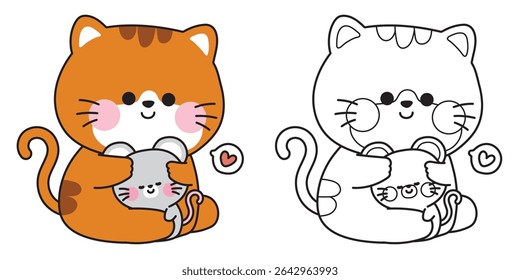 Coloring pages.Cute cat doll hug tiny rat with heart.Meow.Kitten and mouse.Friend.Love.Pet and rodent animal character cartoon.Painting book.Kawaii.Vector.Illustration.