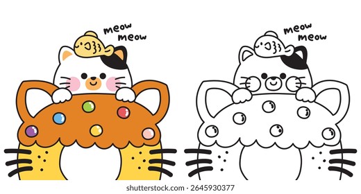 Coloring pages.Cute cat have fish on head stay on candy cat shape donut.Meow.Sweet and dessert.Bakery.Pet animal character cartoon design.Painting book.Kawaii.Vector.Illustration.