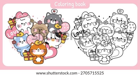 Coloring pages.Cute cat various poses stay in heart shape.Meow.Valentines day.Love.Flower,gift box,balloon,fish.Pet animal character cartoon design.Painting book.Kawaii.Vector.Illustration.