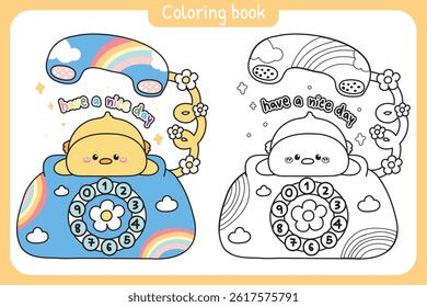 Coloring pages.Cute chicken stay on classic retro telephone desk.Kid graphic.Rainbow,cloud,flower hand drawn.Farm bird animal character cartoon.Painting book.Kawaii.Vector.Illustration.