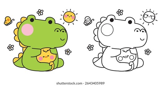 Coloring pages.Cute crocodile doll hug tiny chicken with sun flower and butterfly.Friend.Love.Reptile and bird animal character cartoon.Painting book.Kawaii.Vector.Illustration.