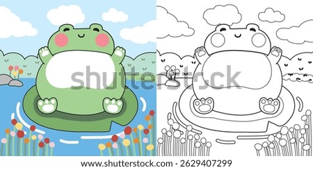 Coloring pages.Cute fat frog laying on lotus leaf on the river jungle background.Forest.Nature.Flower.Animal reptile cartoon.Painting book.Kawaii.Vector.Illustration.