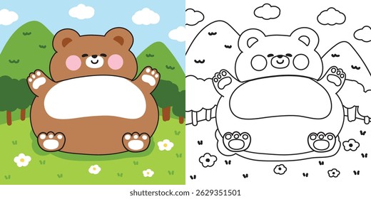Coloring pages.Cute fat teddy bear laying on the garden jungle forest background.Mountain,flower,tree,sky hand drawn.Wild animal character cartoon design.Painting book.Kawaii.Vector.Illustration.