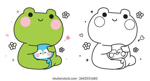 Coloring pages.Cute frog doll hug tiny penguin with heart and flower.Friend.Love.Reptile and polar bird animal character cartoon design.Painting book.Kawaii.Vector.Illustration.