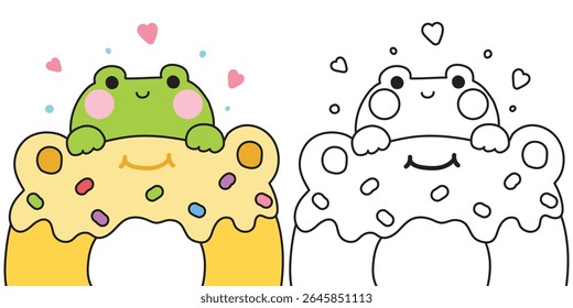 Colorir pages.Cute sapo ficar no doce sabor baunilha donut.Sweet e sobremesa.Padaria.Heart.Reptile personagem animal desenho animado.Pintura book.Kawaii.Vetor.Ilustração.