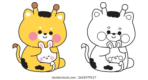 Coloring pages.Cute giraffe doll hug tiny rabbit bunny.Friend.Love.Wild and rodent animal character cartoon.Painting book.Kawaii.Vector.Illustration.