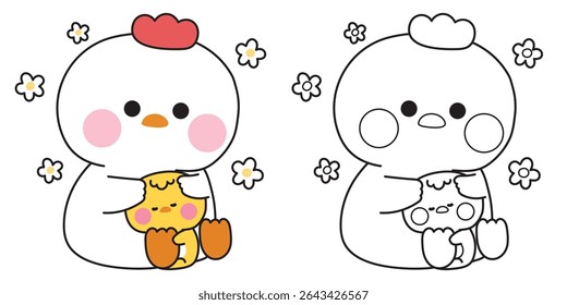 Coloring pages.Cute hen doll hug tiny chicken with flower.Friend.Love.Farm bird animal character cartoon.Painting book.Kawaii.Vector.Illustration.