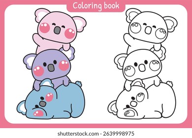 Coloring pages.Cute koala teddy bear stay on top each other greeting.Mammal wild animal character cartoon design.Relax.Lay.Painting book.Kawaii.Vector.Illustration.
