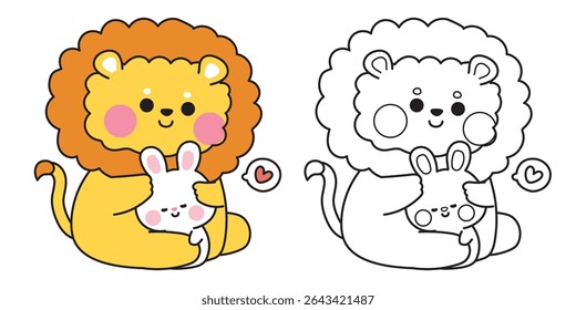 Coloring pages.Cute lion doll hug tiny rabbit with heart.Friend.Love.Wild and rodent animal character cartoon.Painting book.Kawaii.Vector.Illustration.