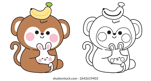 Coloring pages.Cute monkey doll hug tiny rabbit with banana.Friend.Love.Wild and rodent animal character cartoon design.Painting book.Kawaii.Vector.Illustration.