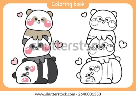 Coloring pages.Cute panda teddy bear stay on top each other greeting with heart.Chinese wild animal character cartoon design.Relax.Lay.Painting book.Kawaii.Vector.Illustration.