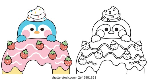Coloring pages.Cute penguin have whipping cream strawberry flavor donut.Sweet and dessert.Bakery.Polar bird animal character cartoon design.Painting book.Kawaii.Vector.Illustration.