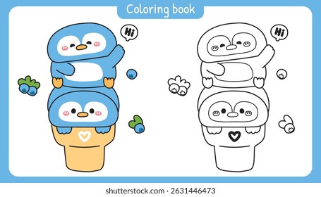 Coloring pages.Cute penguin ice cream blueberry fruit flavor.Sweet and desset.Bird animal character cartoon.Arctic,polar,north pole.Painting book.Kawaii.Vector.Illustration.
