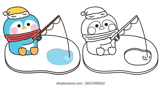 Coloring pages.Cute penguin sit and fishing on the ice.Winter and cold.Arctic,polar,north pole.Bird animal character cartoon design.Painting book.Kawaii.Vector.Illustration.