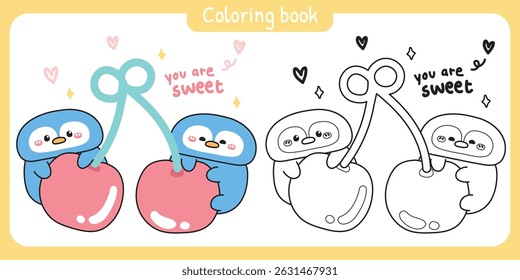 Coloring pages.Cute penguins stay on cherry with heart and you are sweet text.Bird animal character cartoon design.Arctic,polar,north pole.Painting book.Kawaii.Vector.Illustration.