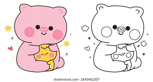 Coloring pages.Cute pig doll hug tiny chicken with heart and star.Friend.Love.Farm and bird animal character cartoon.Painting book.Kawaii.Vector.Illustration.