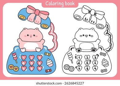 Coloring pages.Cute pig stay on classic retro telephone desk.Kid graphic.Bow,candy,bakery,cupcake,cookies hand drawn.Farm animal character cartoon.Painting book.Kawaii.Vector.Illustration.